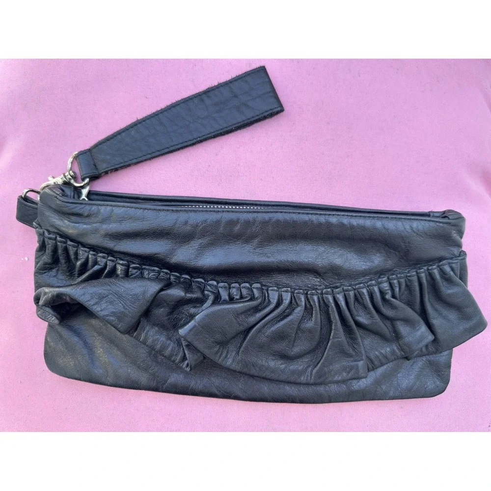 Y2K Cammie Hill‎ Black Leather Ruched Wristlet Clutch Bag 10.5